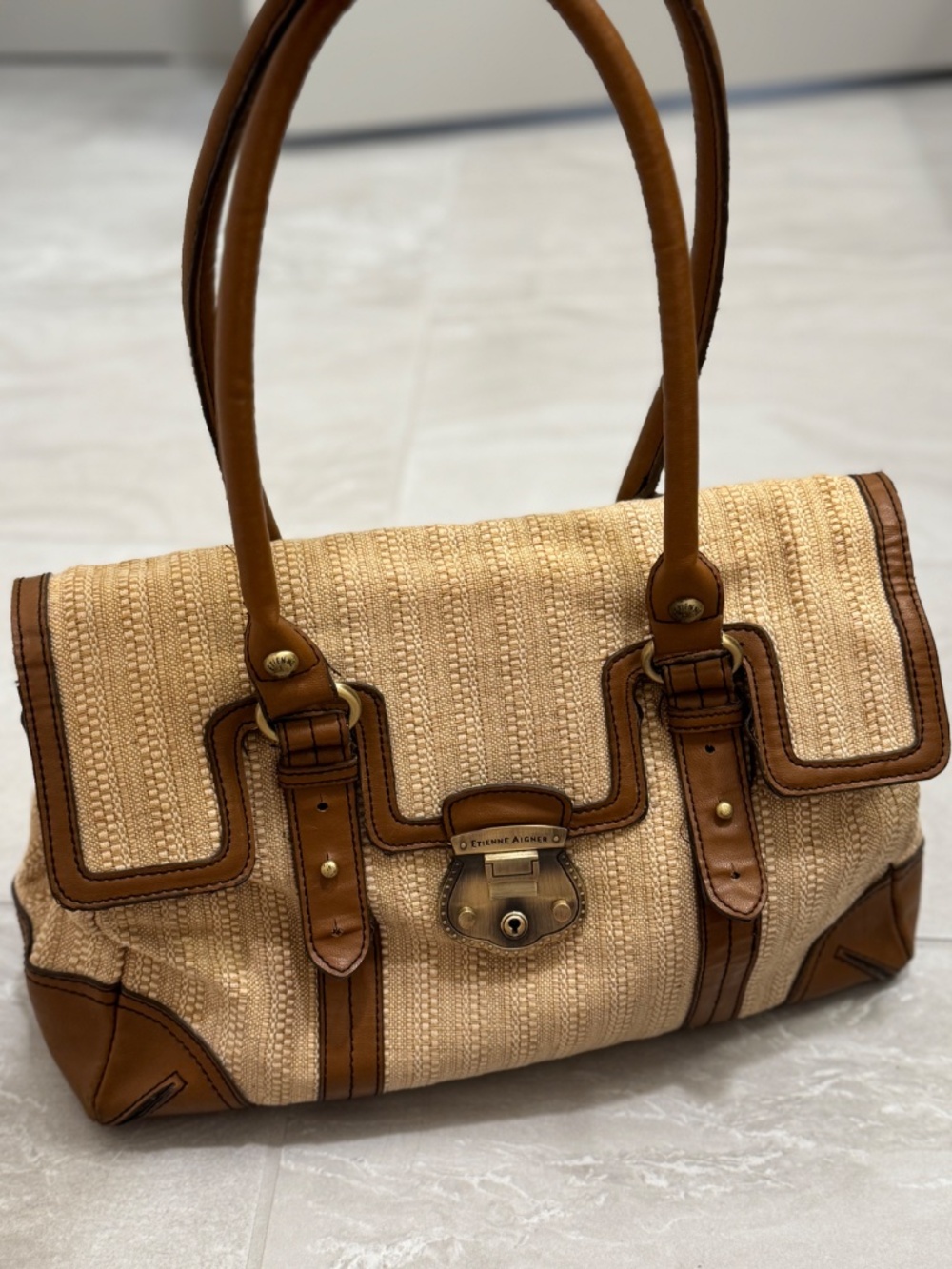 Etienne Aigner Woven Straw Leather Satchel Bag Tan Vintage Coastal - Picture 2 of 16